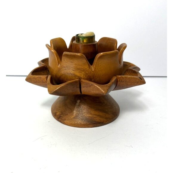 Vintage Mid-Century Monkey Pod Lotus Flower Wood Candle Holder Taper Candle Tiki - Picture 3 of 8
